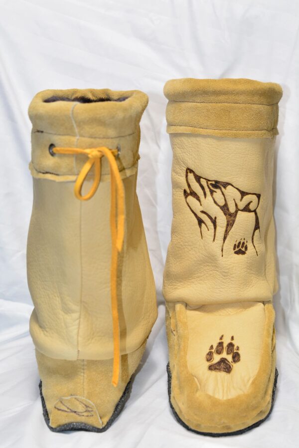 Yellow colored mens leather Mukluks with bear logo